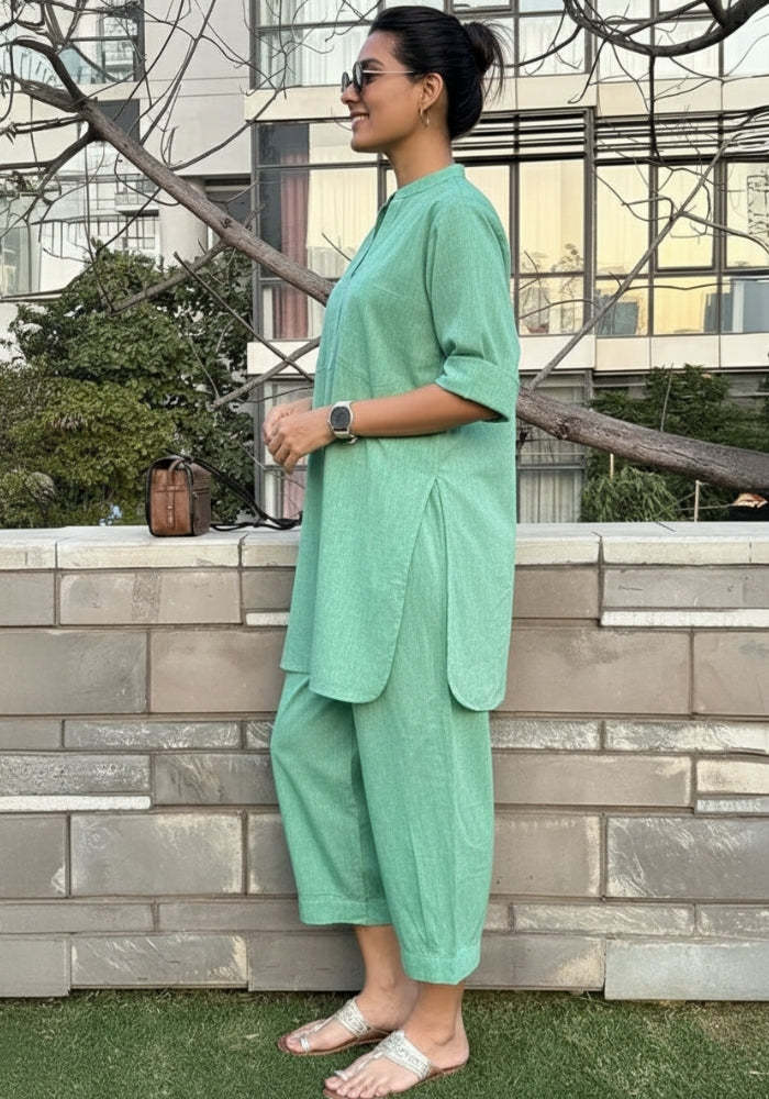 Mint green cotton co-ord set for women with relaxed-fit pants