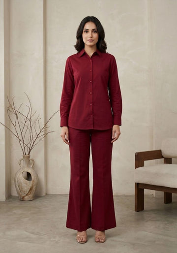 Women’s Cotton Shirt & Flared Pant Maroon Co-Ord Set