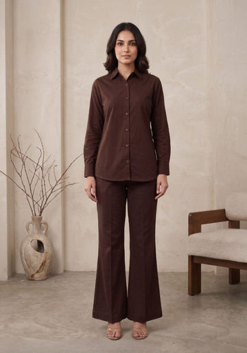 Women’s Premium Cotton Shirt & Flared Pant Brown Co-Ord Set