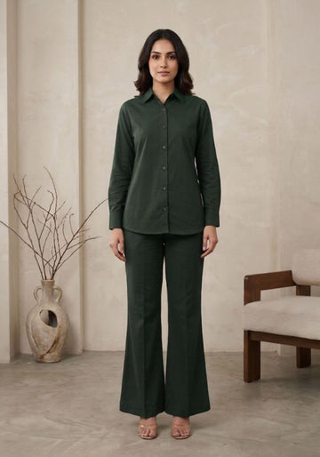Women’s Cotton Shirt & Flared Pant Teal  Green Co-Ord Set