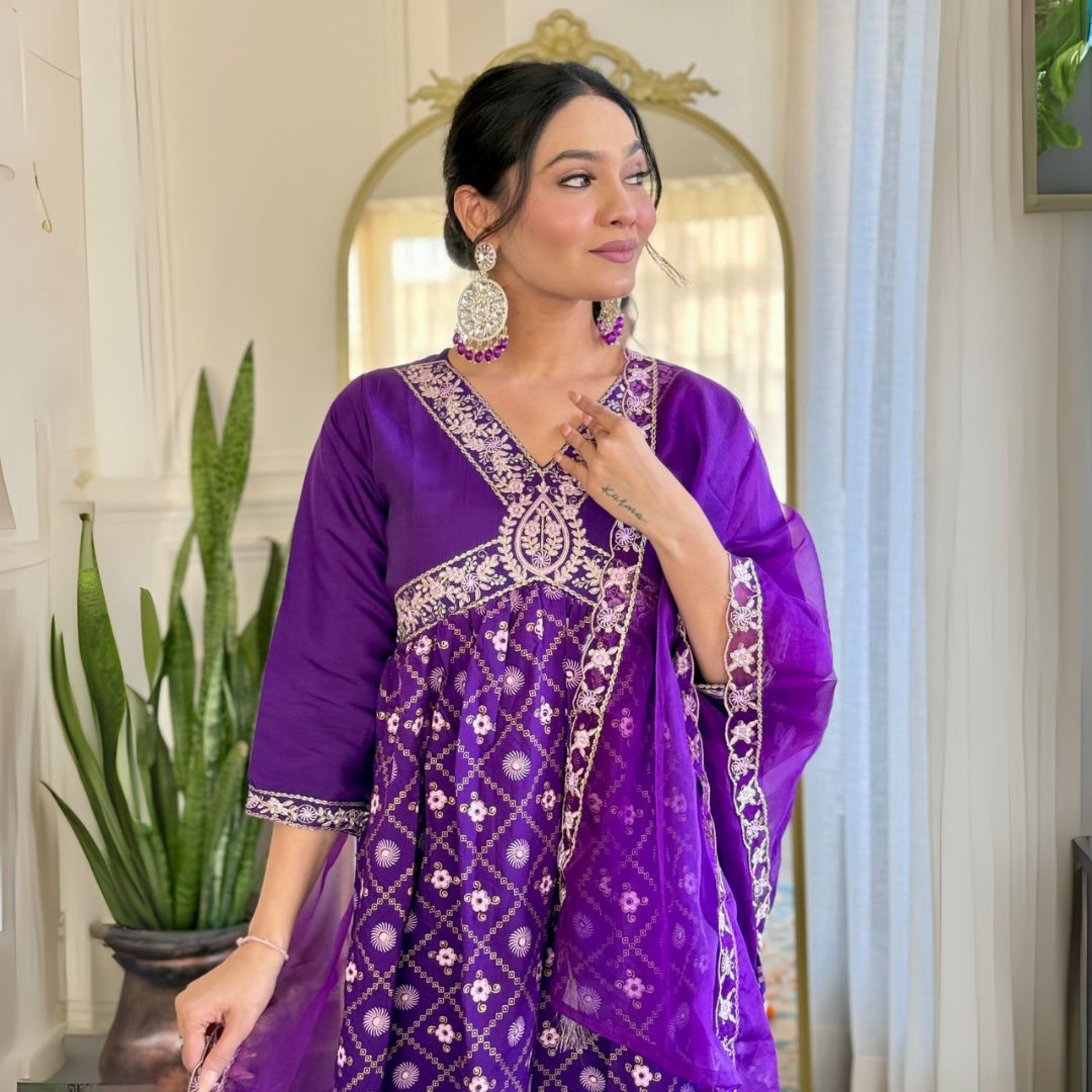 Royal Purple Chanderi Silk Embroidered Suit with Organza Dupatta