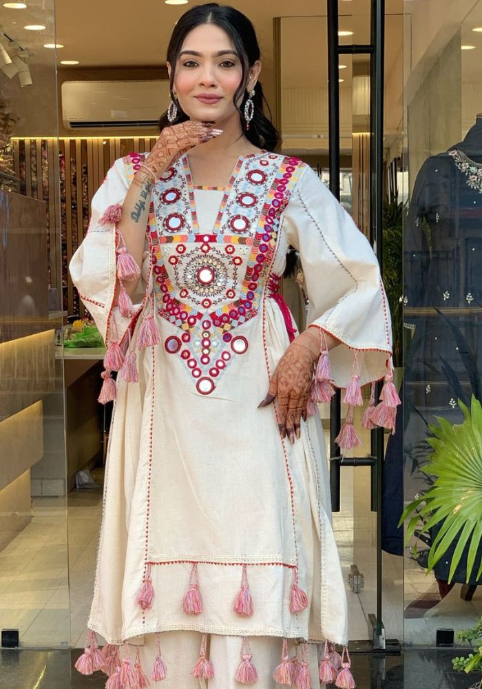 Designer Afghani Mirror Embroidered Kurti with Tassels