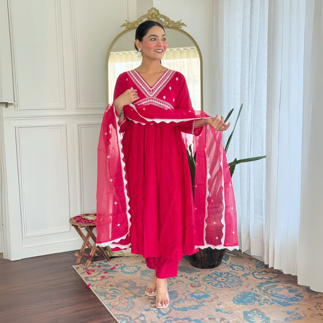 Fuchsia Pink Anarkali Suit Set with Embroidered Dupatta – Aathado Ethnic Collection