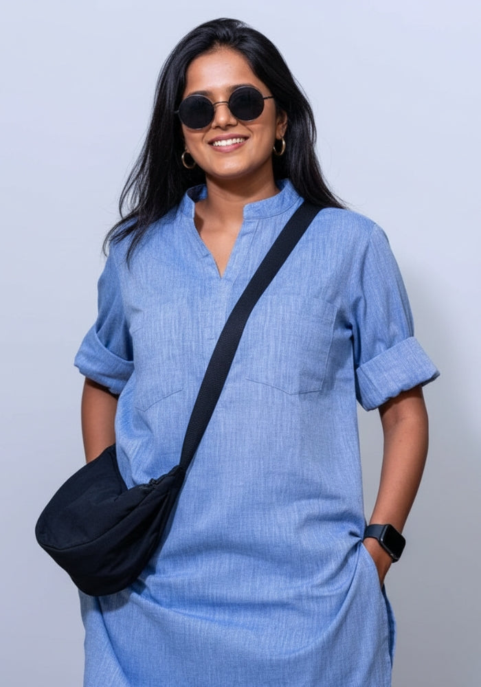 Minimal blue kurta-style top and pants matching set