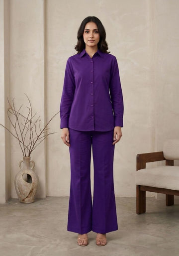 Cotton Shirt & Flared Pant Purple Co-Ord Set