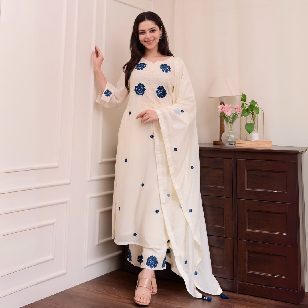 Elegant Cream Embroidered Rayon Slub Kurta Set with Chanderi Dupatta