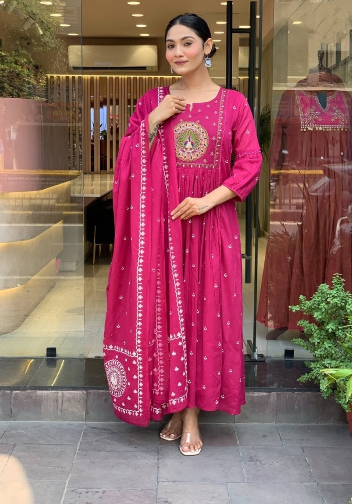 Women’s Magenta Embroidered Anarkali Kurta Set with Dupatta – Festive Ethnic Wear