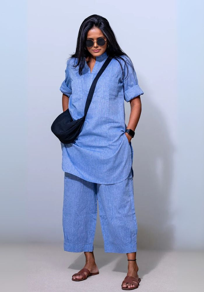 Women’s Linen Blue Co-Ord Set – Kurti & Pants