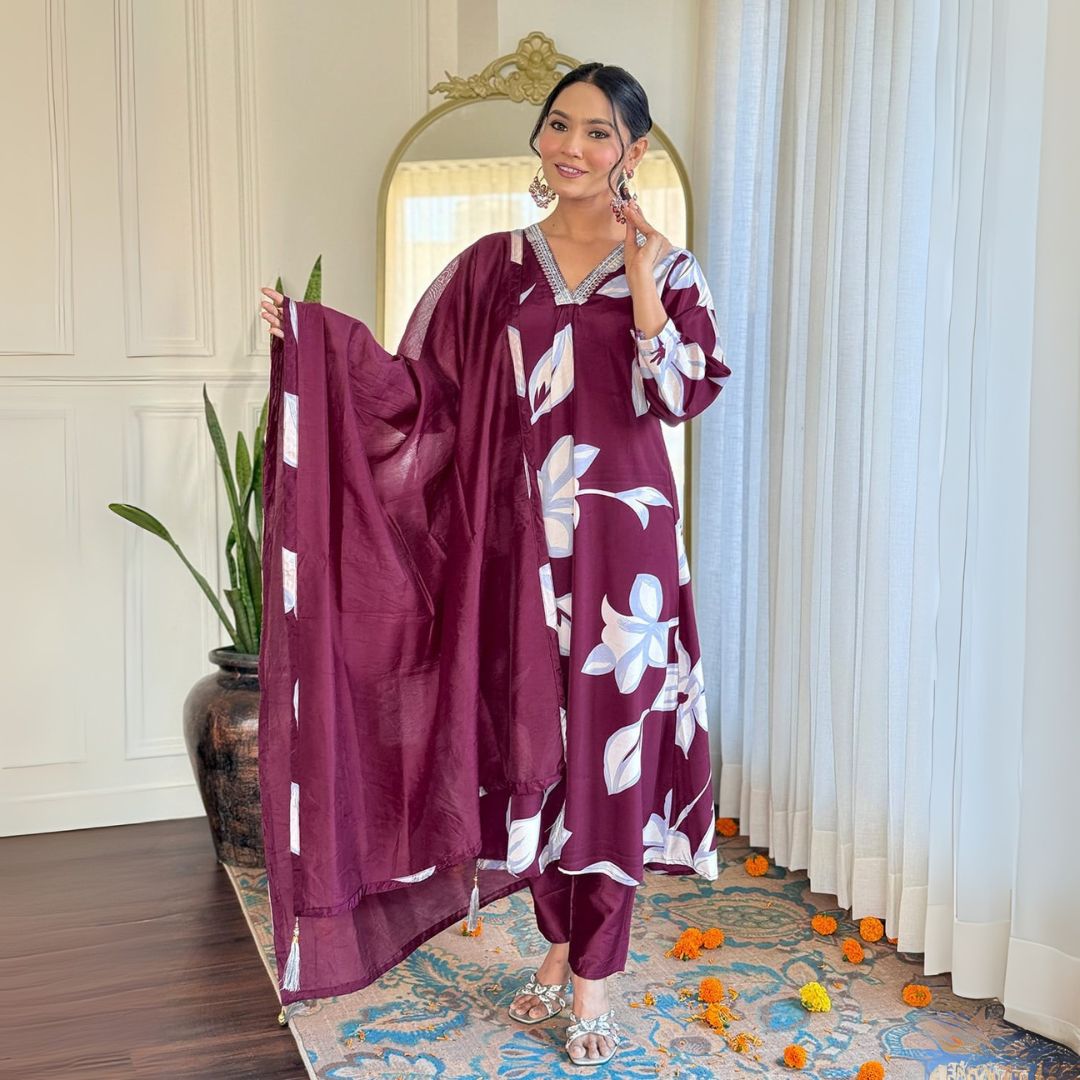 Elegant Maroon Floral Embroidered Kurta Set with Chanderi Dupatta