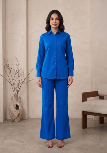 Women's Blue Cotton Shirt & Flared Pant Co-Ord Set
