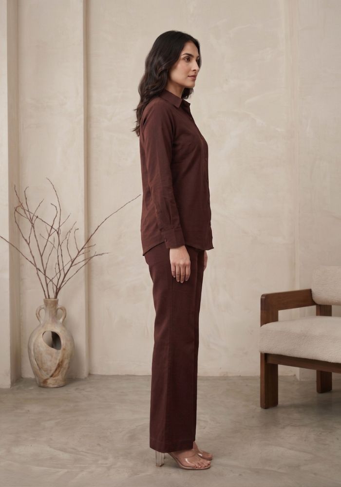 Cotton Shirt & Flared Pant Brown Co-Ord Set