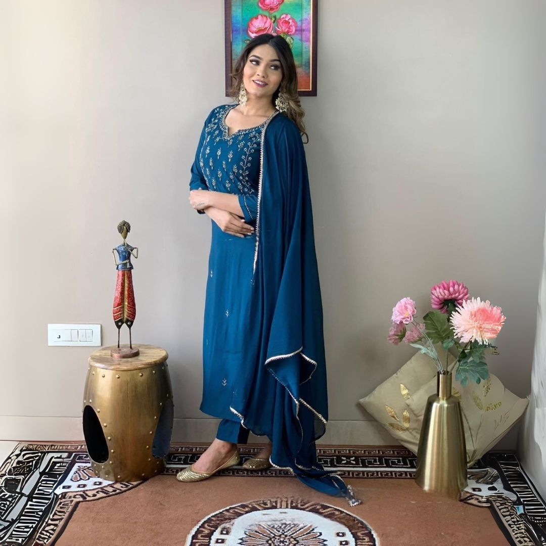 Teal Blue Embroidered Rayon Slub Suit Set with Chinnon Dupatta