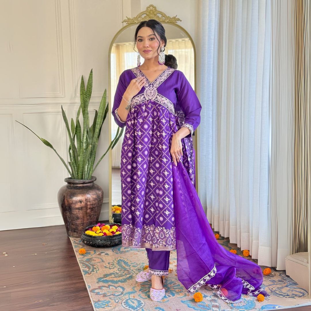 Royal Purple Chanderi Silk Embroidered Suit with Organza Dupatta