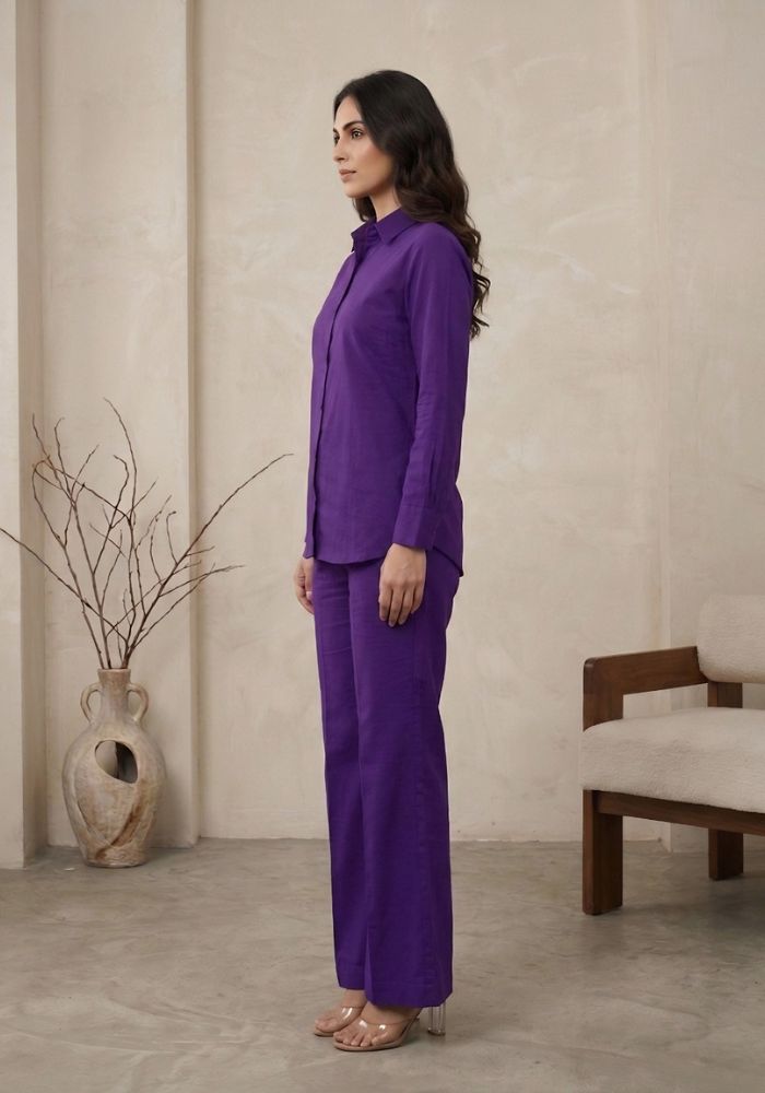 Cotton Shirt & Flared Pant Purple Co-Ord Set for Women