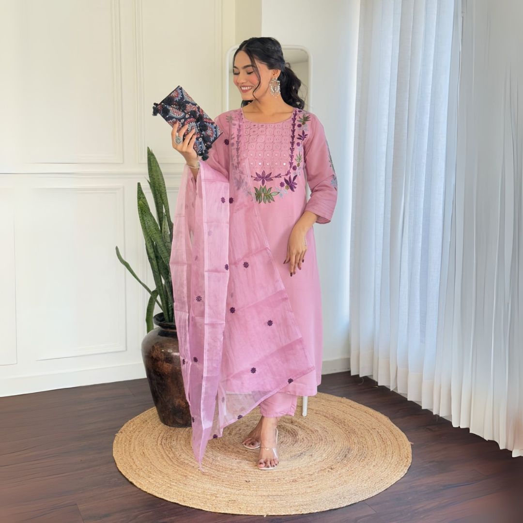 Lavender Embroidered Chanderi Silk Suit Set with Organza Dupatta