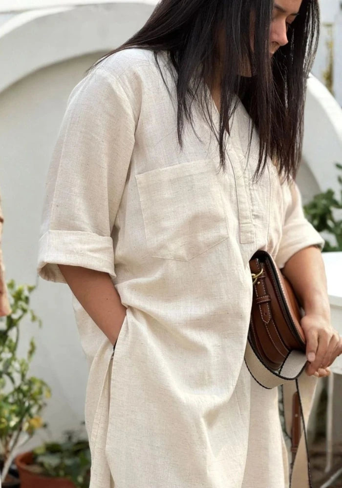 Women’s Linen Cream Co-Ord Set – Kurti & Pants