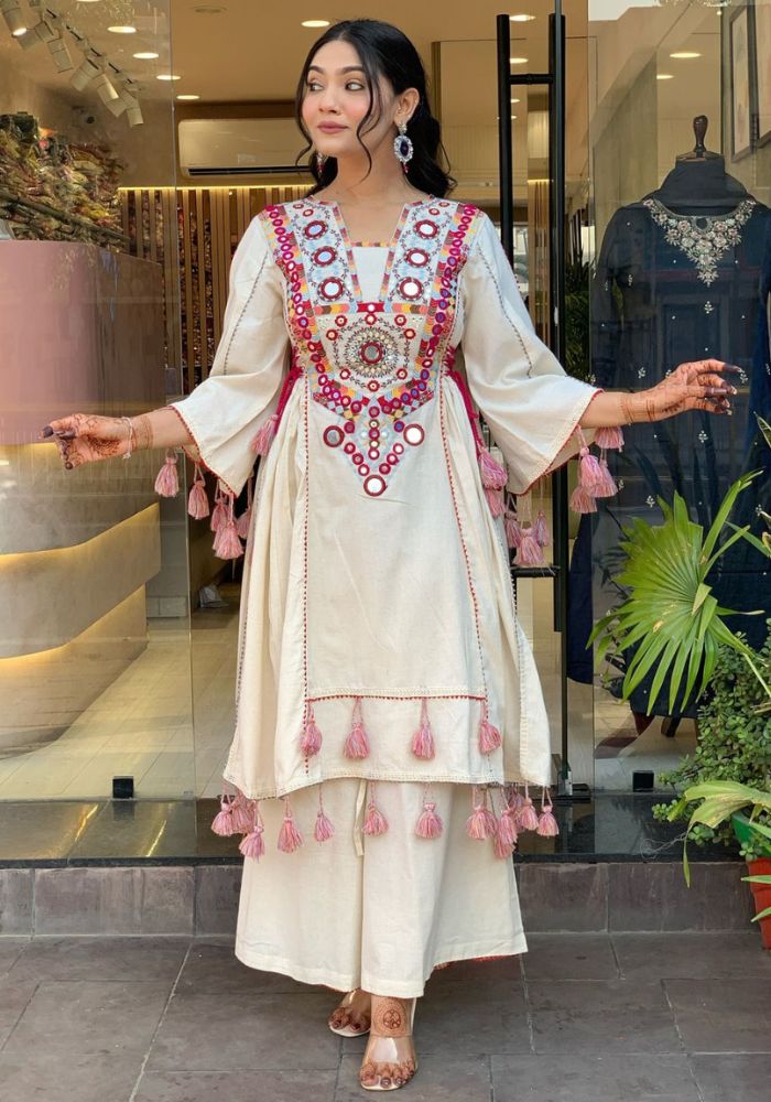 Designer Afghani Mirror Embroidered Kurti with Tassels