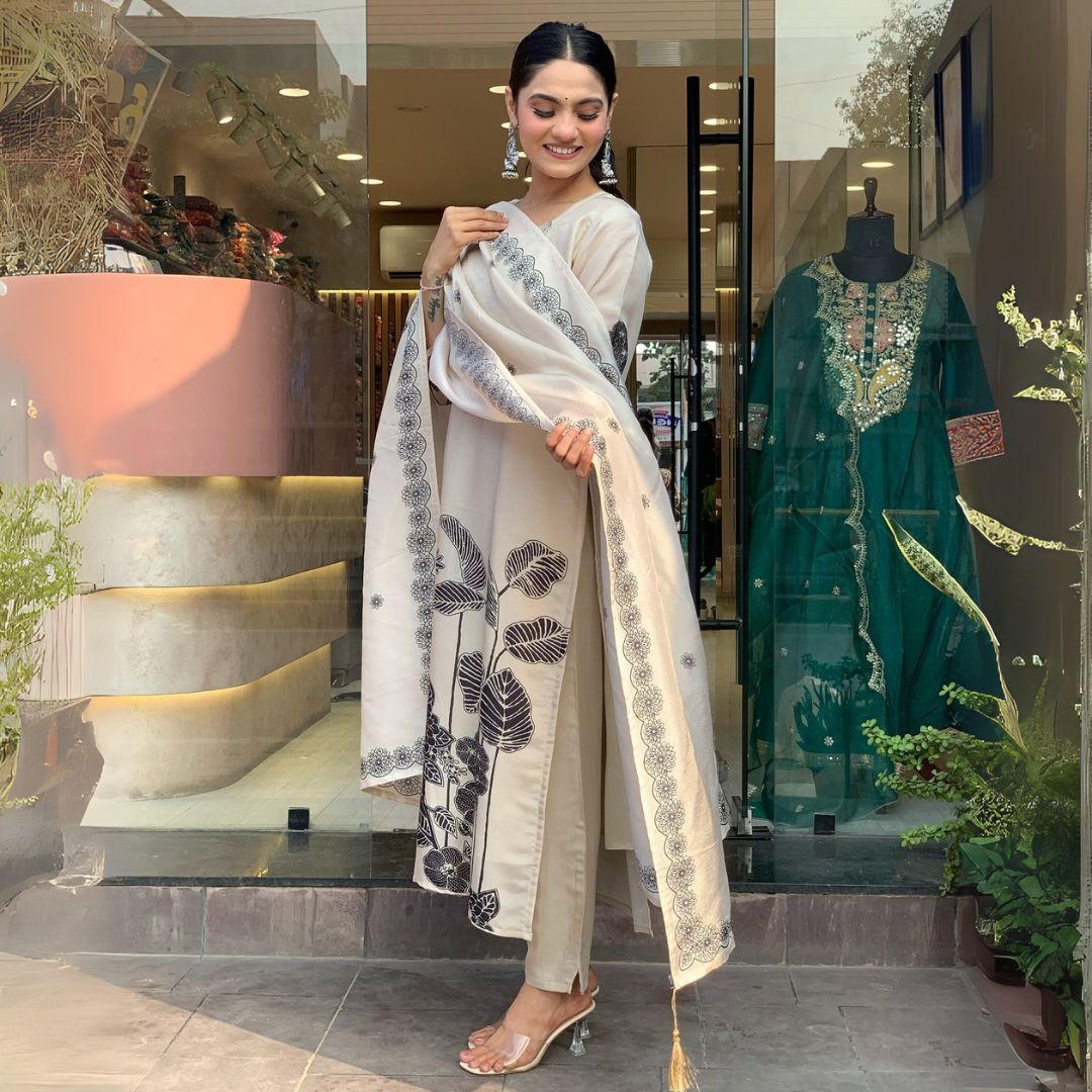 Elegant White Embroidered Chinon Silk Kurta Set with Printed Dupatta