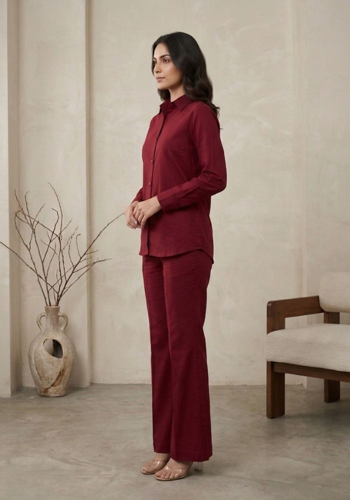 Cotton Shirt & Flared Pant Maroon Co-Ord Set
