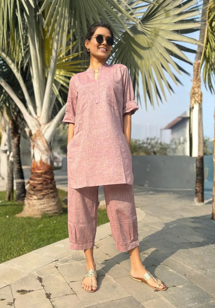 Women’s Linen Maroon Co-Ord Set – Kurti & Pants