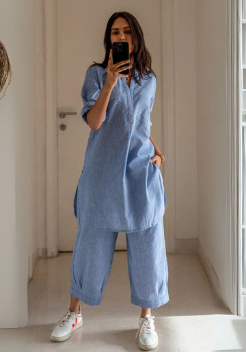 Women’s Linen Blue Co-Ord Set – Kurti & Pants