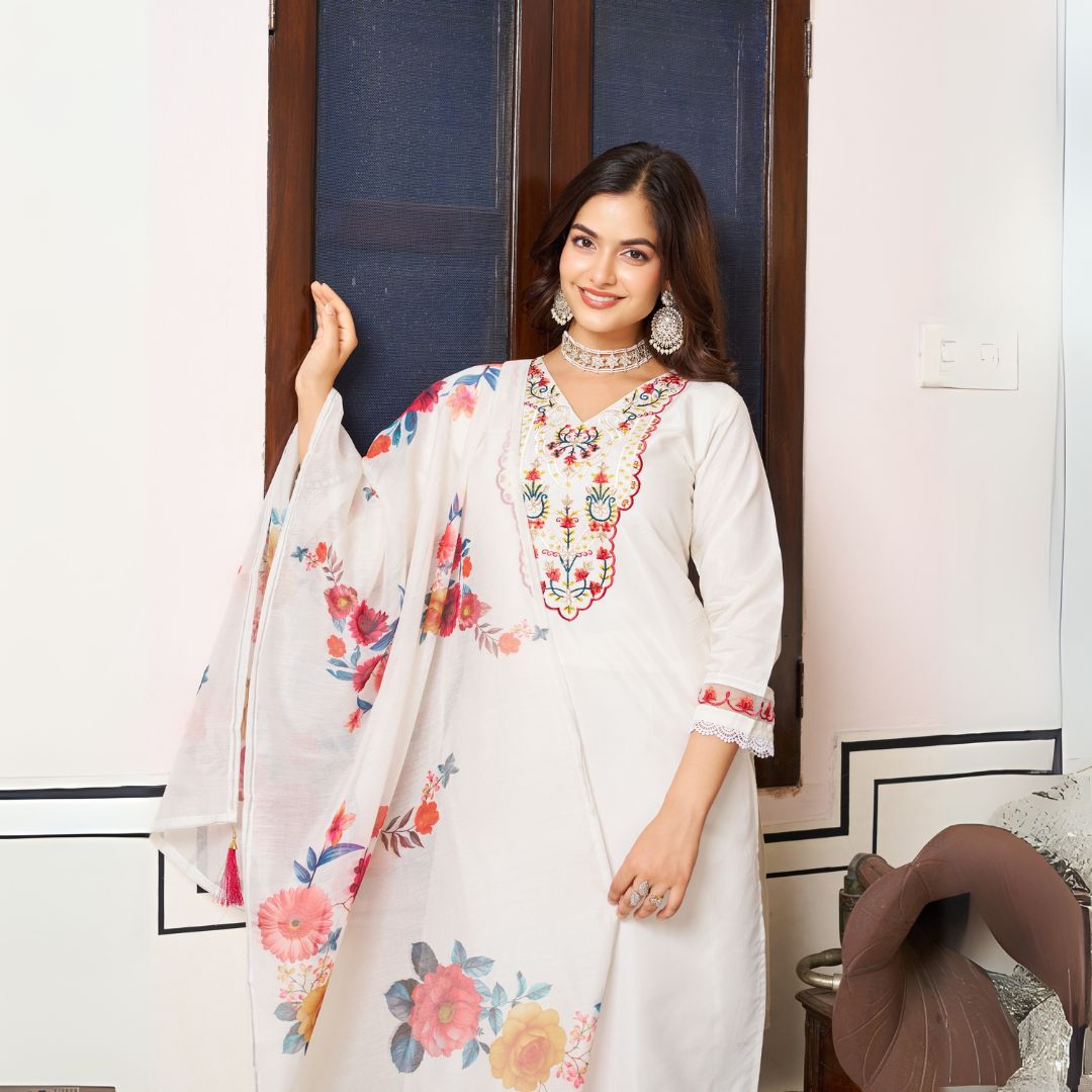 Ivory Bloom Embroidered Chanderi Silk Suit Set with Floral Dupatta