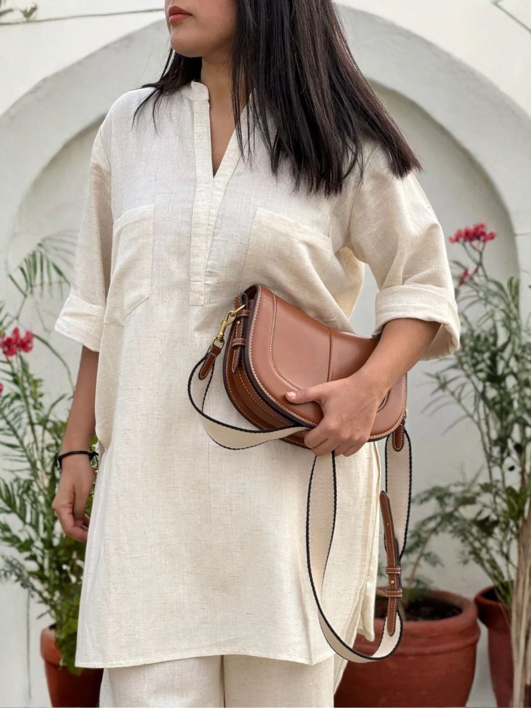 Women’s Linen Cream Co-Ord Set – Kurti & Pants
