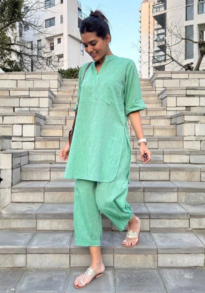 Women wearing mint green cotton co-ord set for casual outings