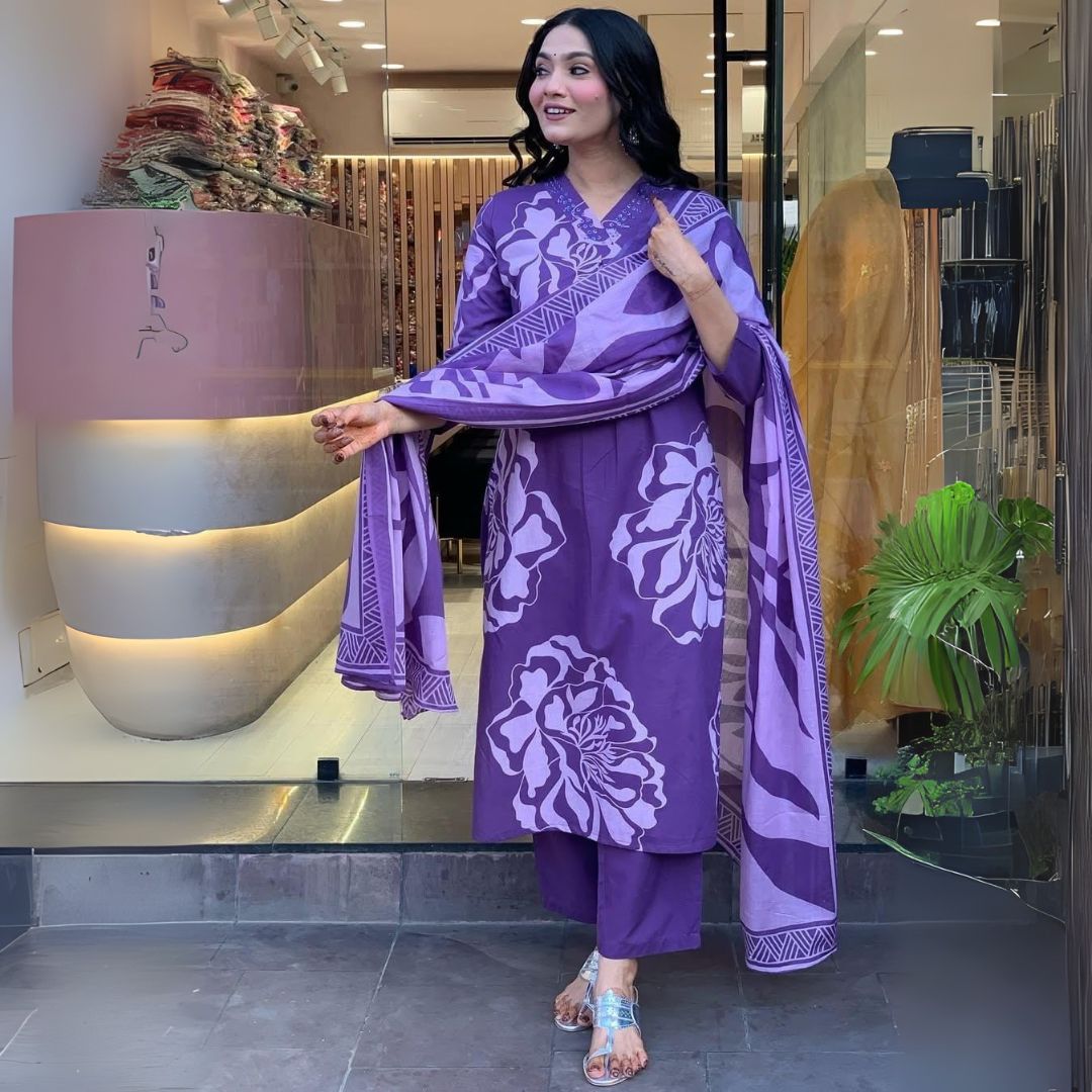 Elegant Purple Mal Cotton Embroidered Suit Set with Dupatta