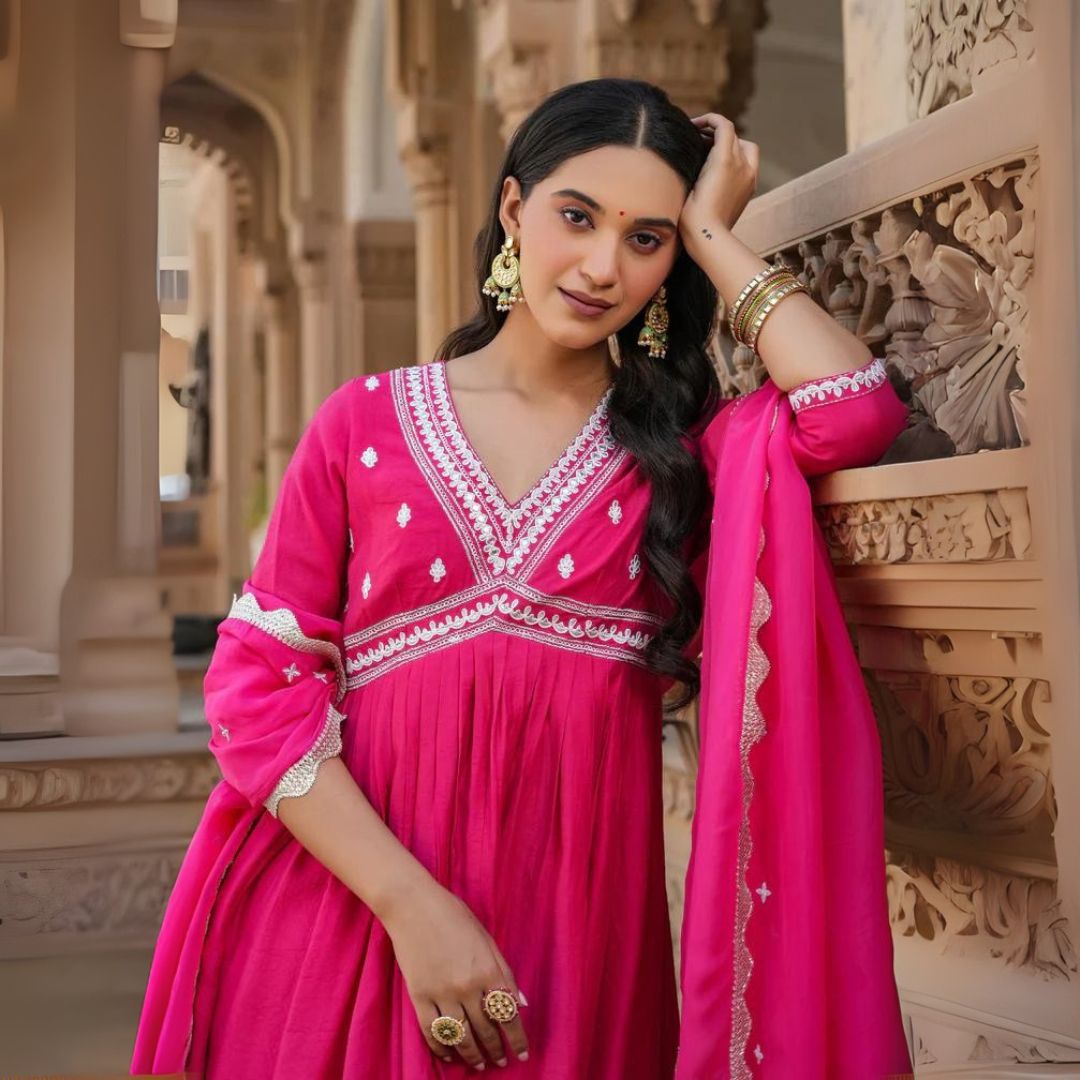 Fuchsia Pink Anarkali Kurta Set with Embroidered Dupatta – Aathado Festive Collection