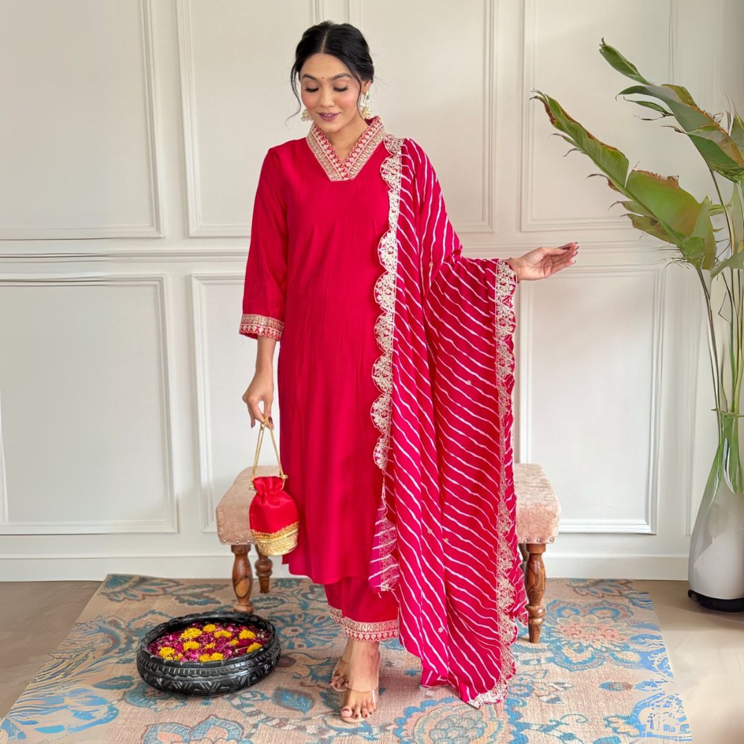 Graceful Chanderi Embroidered Suit Set with Printed Muslin Dupatta