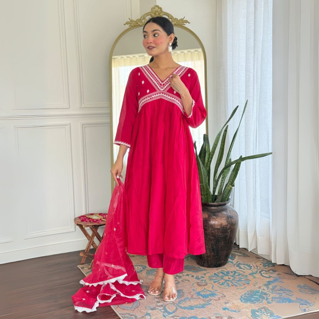 Fuchsia Pink Anarkali Suit Set with Embroidered Dupatta – Aathado Ethnic Collection