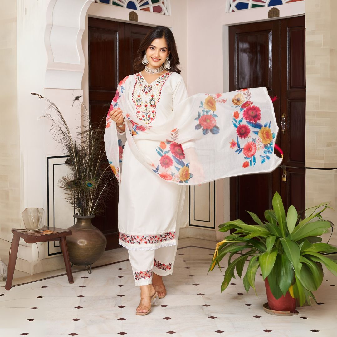 Ivory Bloom Embroidered Chanderi Silk Suit Set with Floral Dupatta