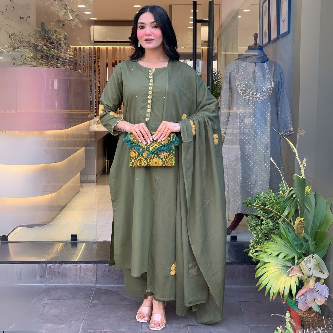 Gulbano Olive Green Chanderi Silk Embroidered Kurta Set with Dupatta