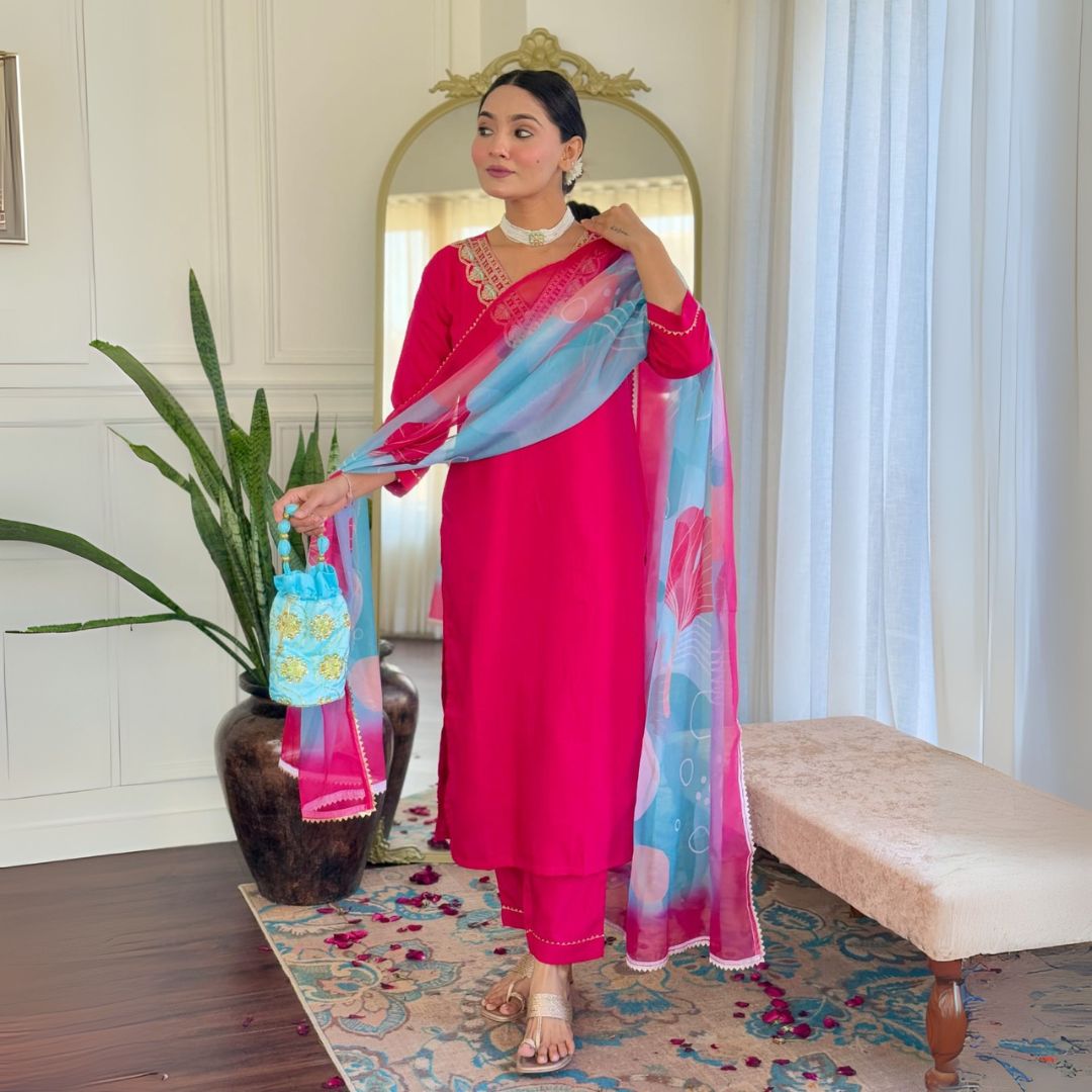 Graceful Fuchsia Embroidered Kurta Set with Printed Tebby Silk Dupatta
