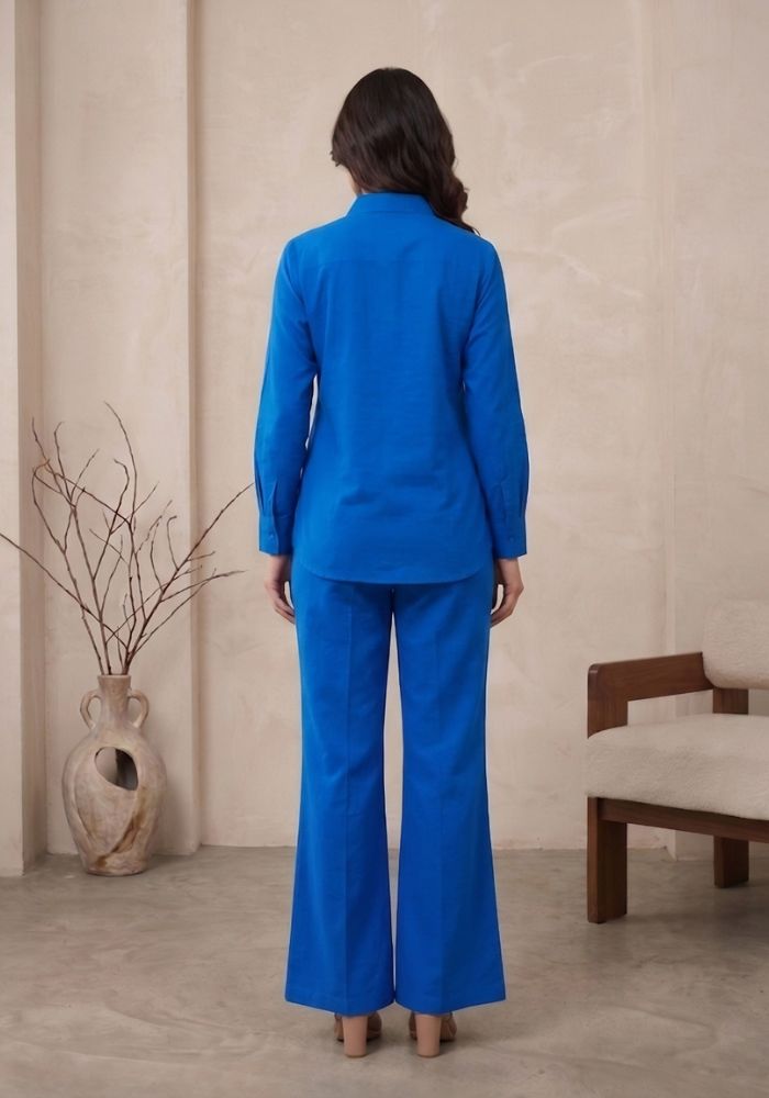 Blue Cotton Shirt & Flared Pant Co-Ord Set for Women