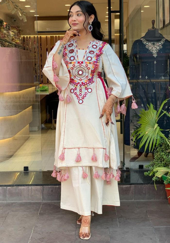Designer Afghani Mirror Embroidered Kurti with Tassels