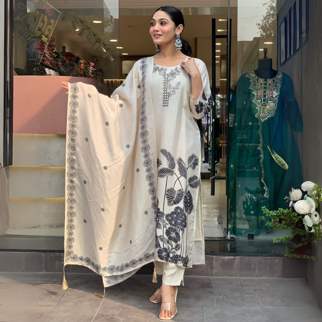Elegant White Embroidered Chinon Silk Kurta Set with Printed Dupatta