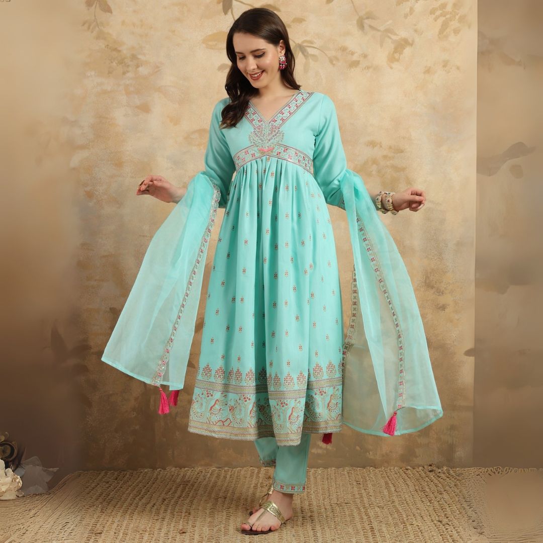 Elegant Aqua Blue Embroidered Kurta Set with Organza Dupatta