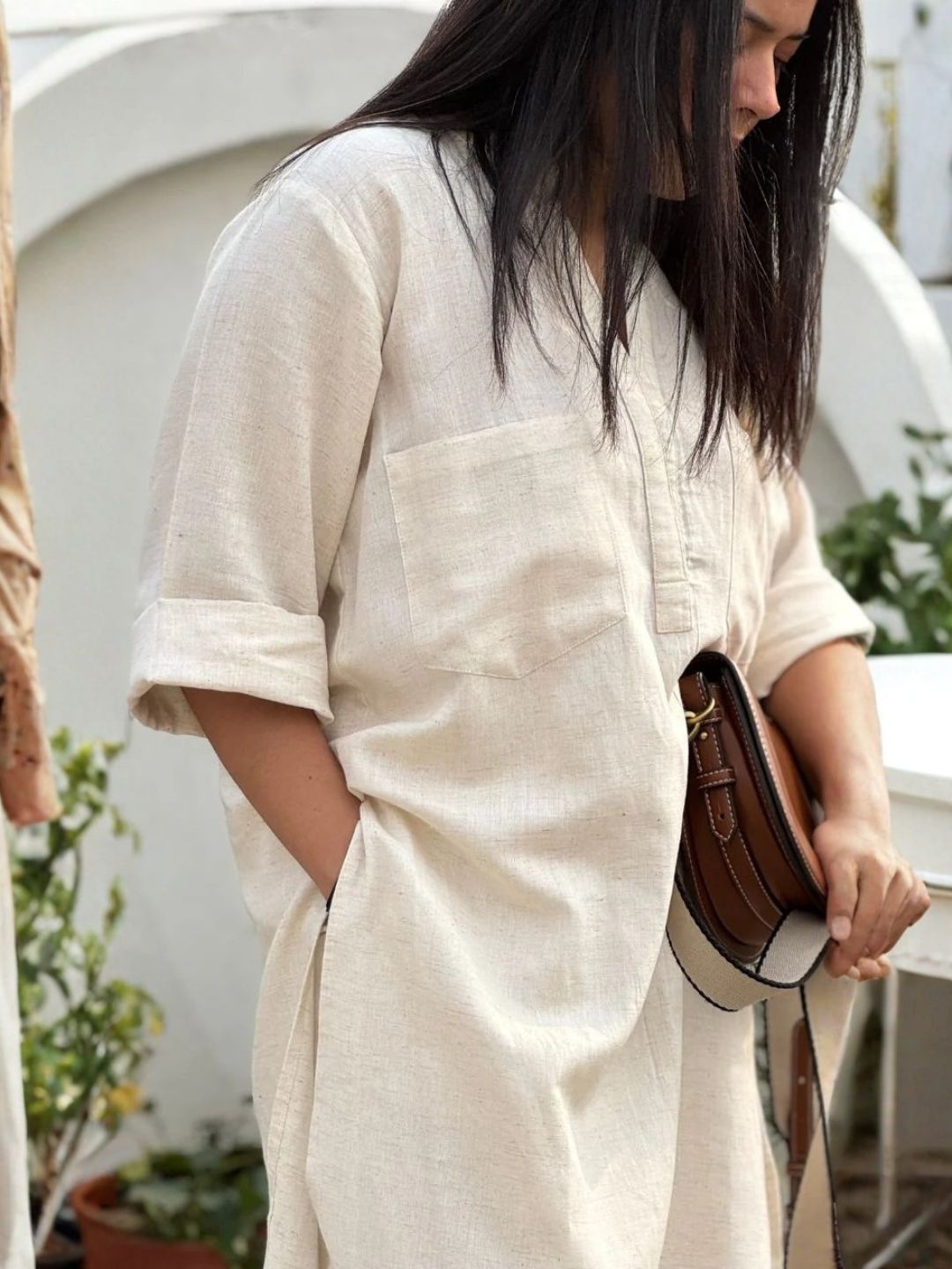Women’s Linen Cream Co-Ord Set – Kurti & Pants