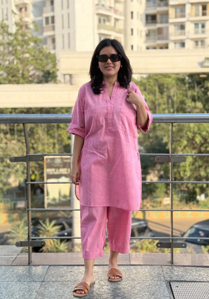Women’s Linen Pink Co-Ord Set – Kurti & Pants