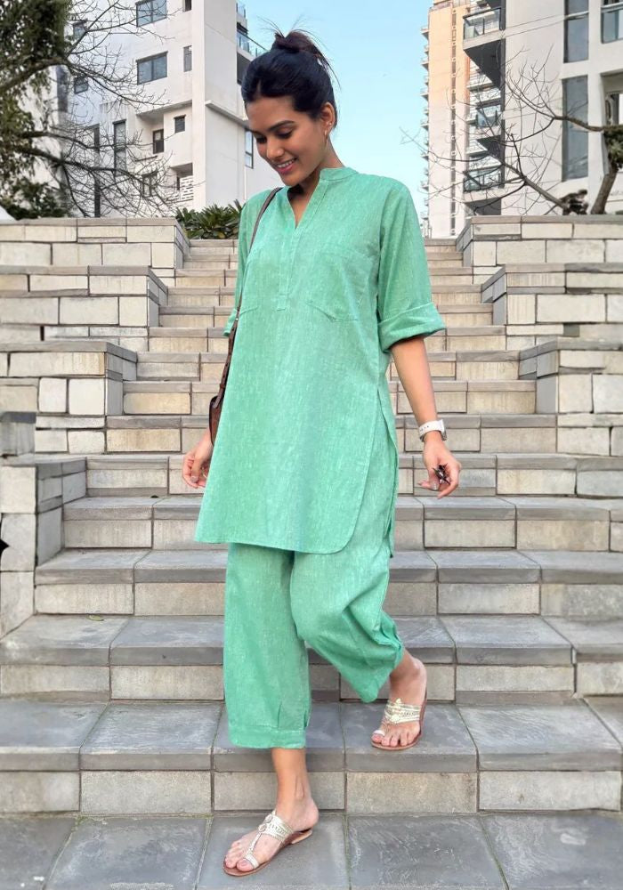 Women’s Linen Green Co-Ord Set – Kurti & Pants