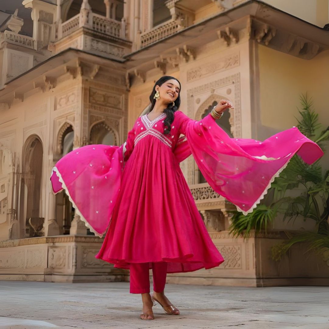 Fuchsia Pink Anarkali Kurta Set with Embroidered Dupatta – Aathado Festive Collection