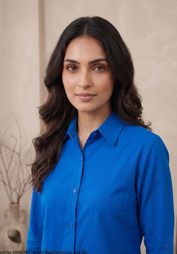Women's Blue Cotton Shirt & Flared Pant Co-Ord Set