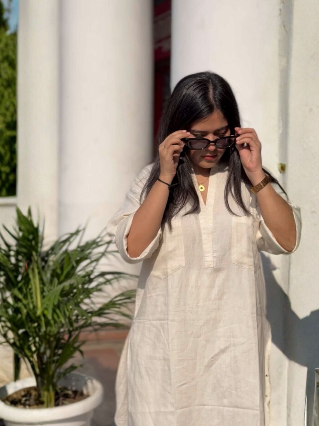 Women’s Linen Cream Co-Ord Set – Kurti & Pants