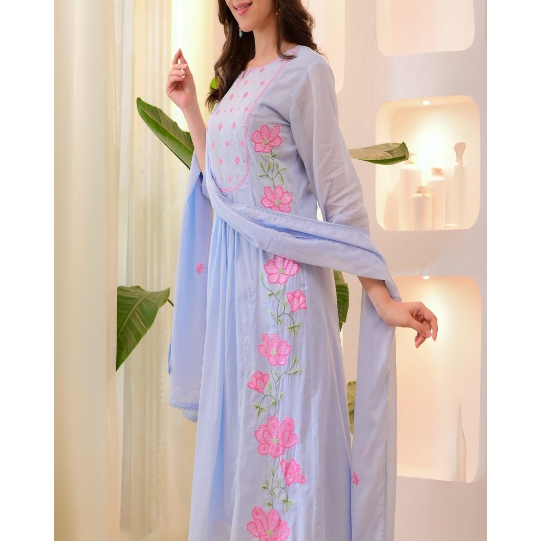 Elegant Sky Blue Embroidered Parampara Silk Suit with Organza Dupatta