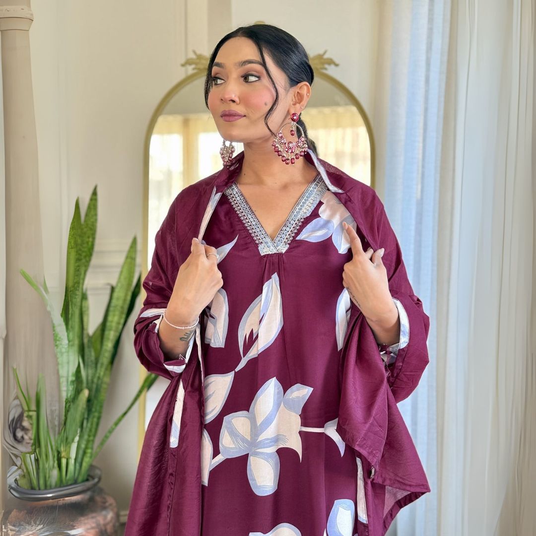 Elegant Maroon Floral Embroidered Kurta Set with Chanderi Dupatta