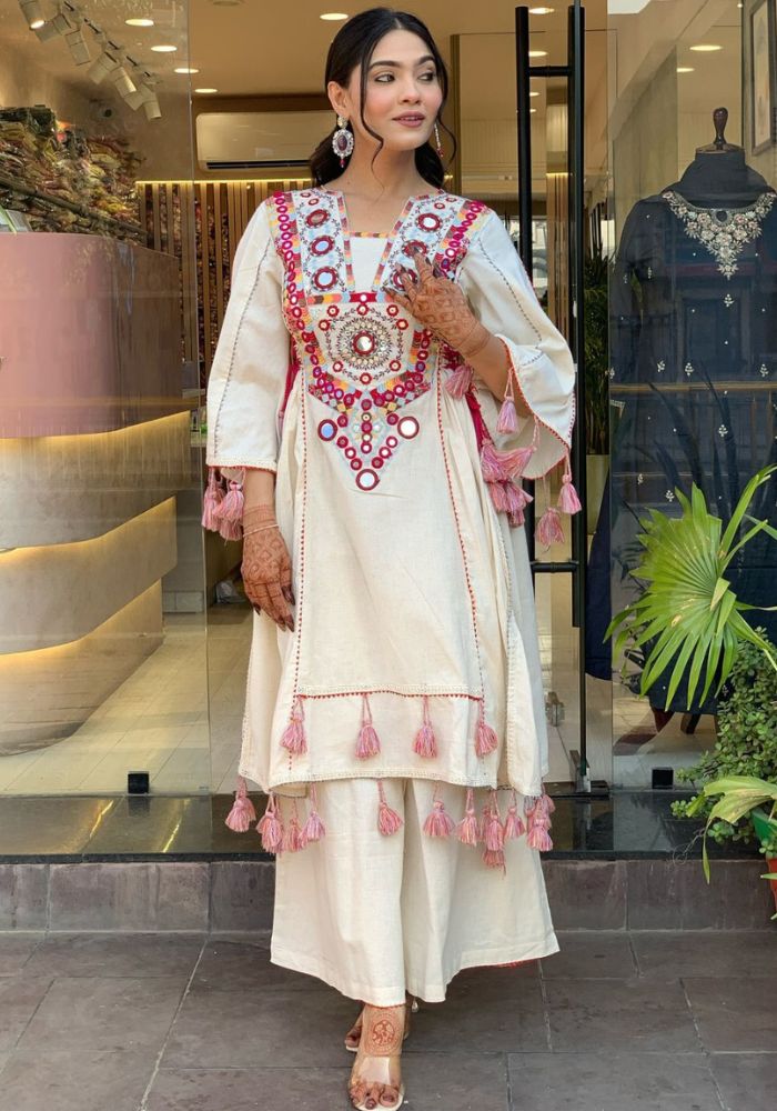 Designer Afghani Mirror Embroidered Kurti with Tassels