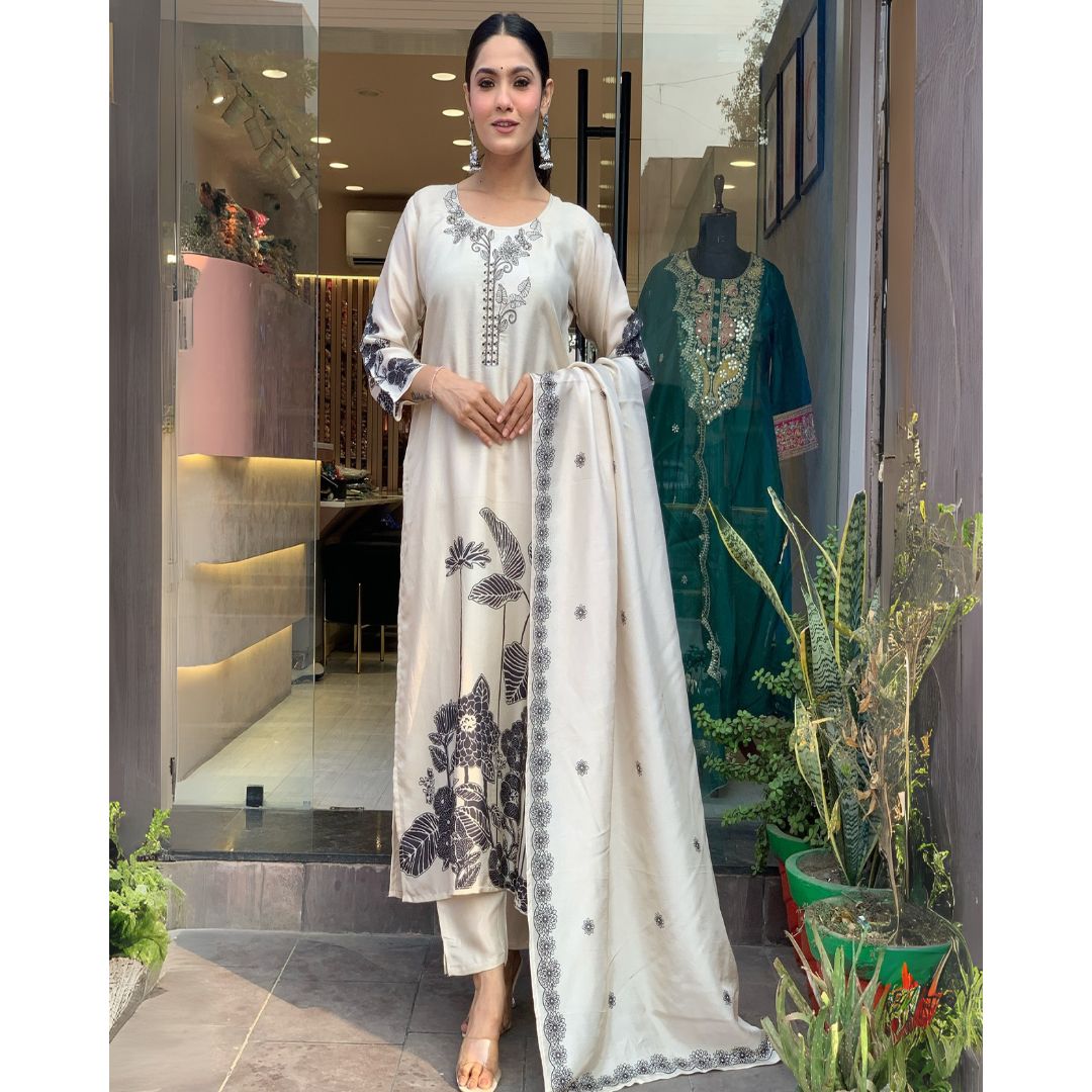 Elegant White Embroidered Chinon Silk Kurta Set with Printed Dupatta
