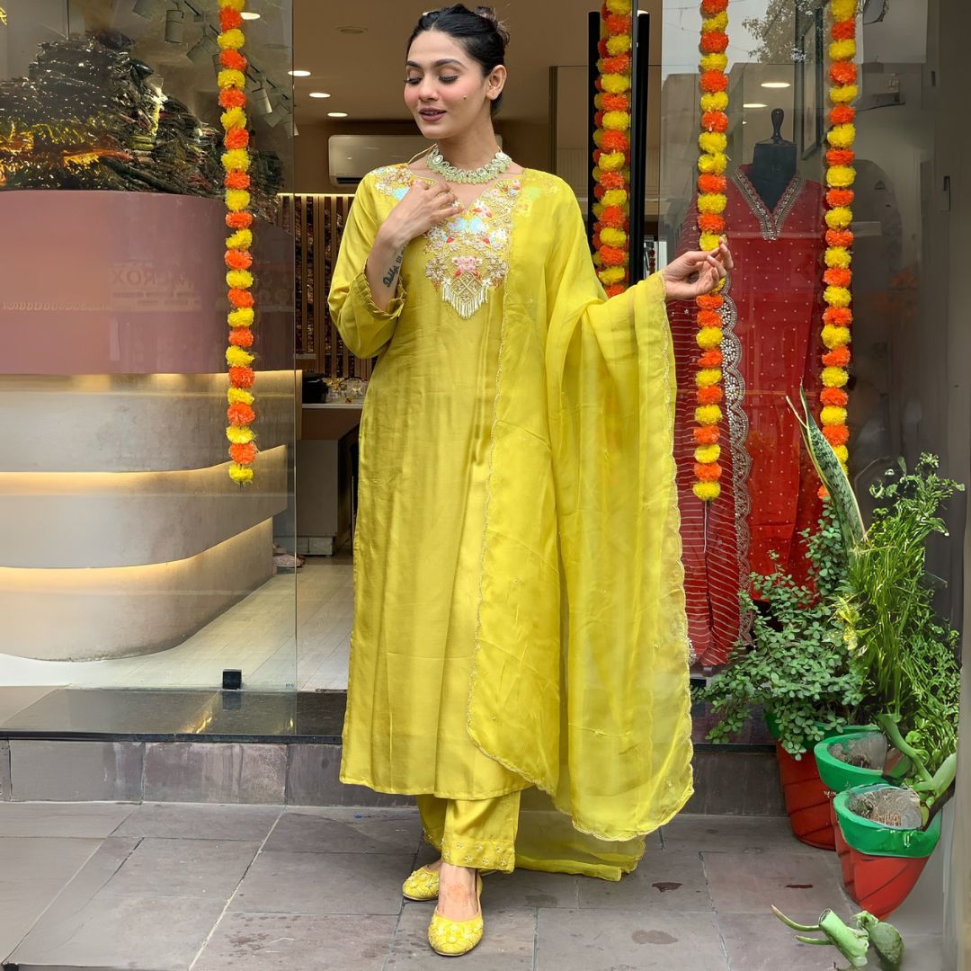 Radiant Mustard Yellow Embroidered Chanderi Suit Set